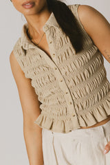 Russel Smocked Button Up in Taupe