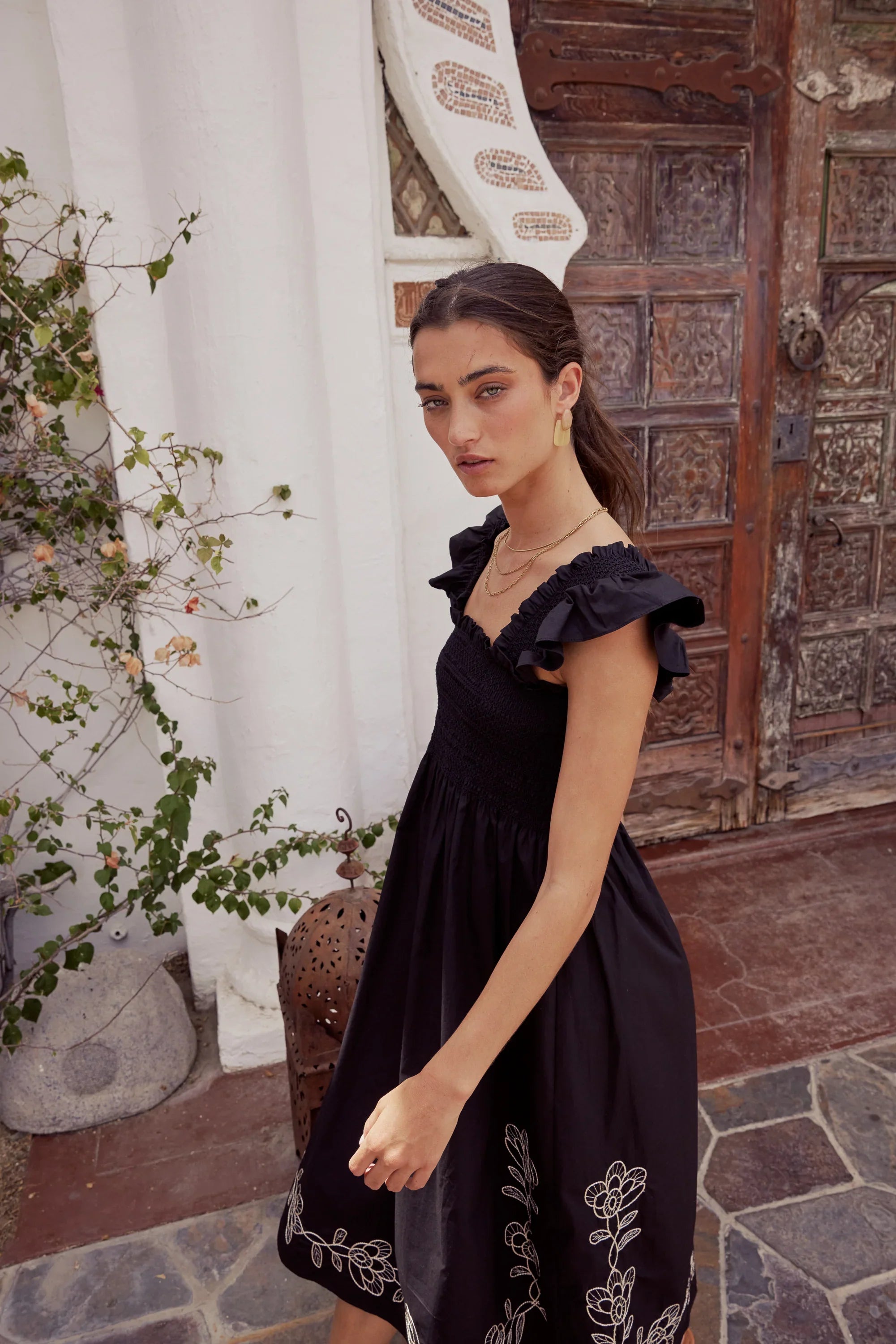 Lane Embroidered Midi Dress in Black