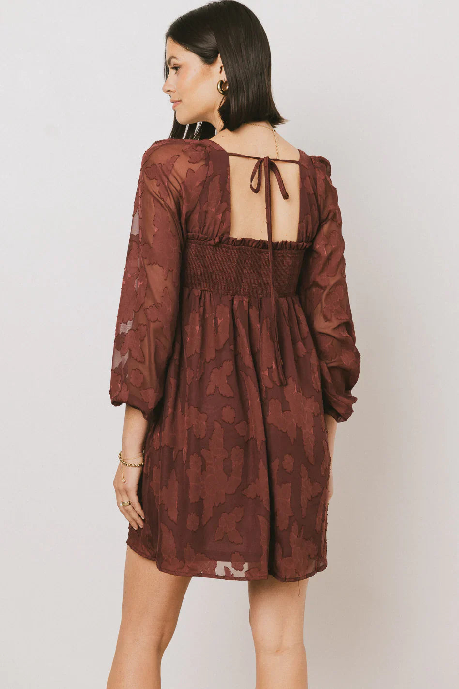Miles Smocked Mini Dress in Red-Brown