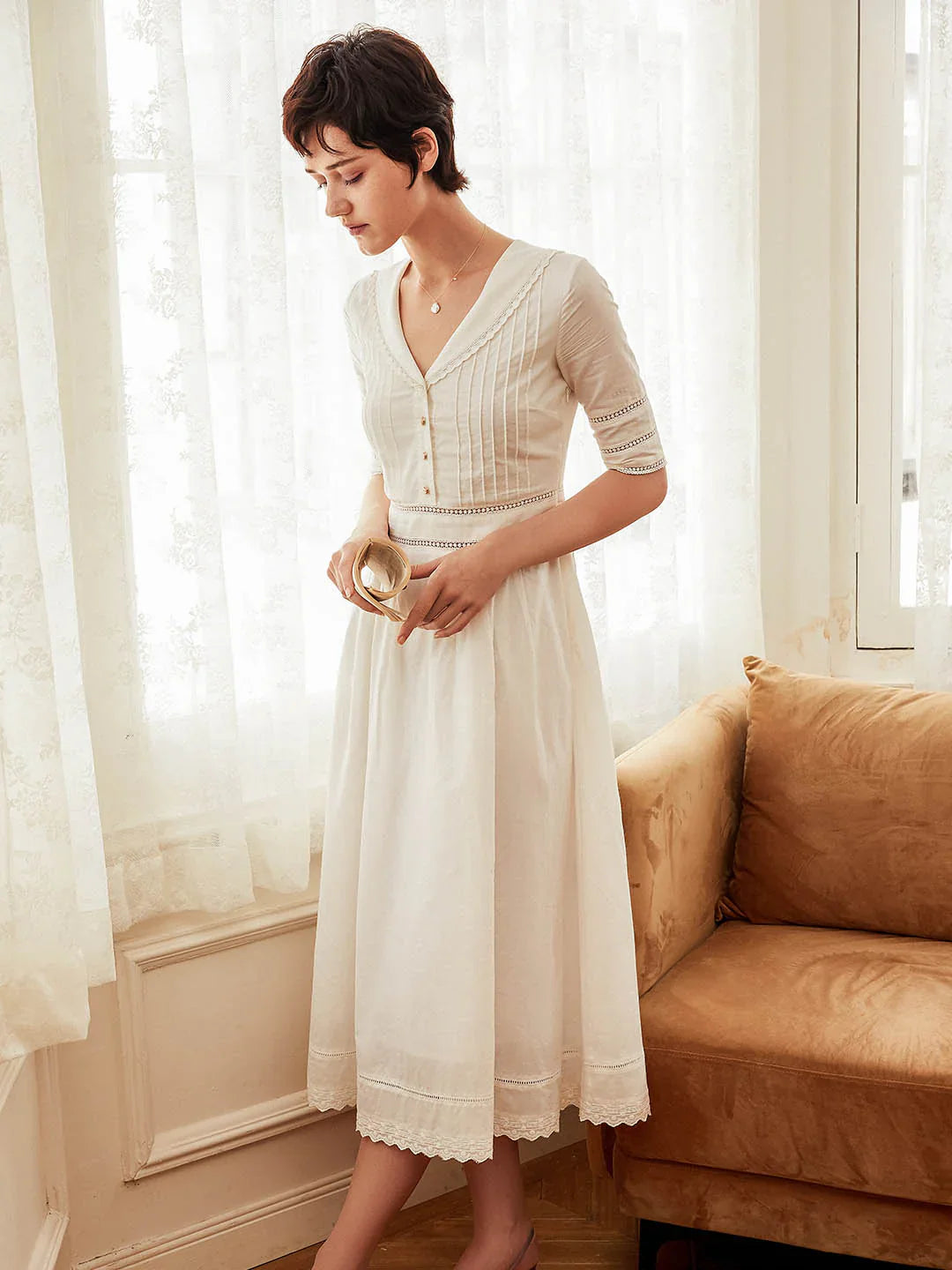Fiona 100% Cotton White Midi Dress