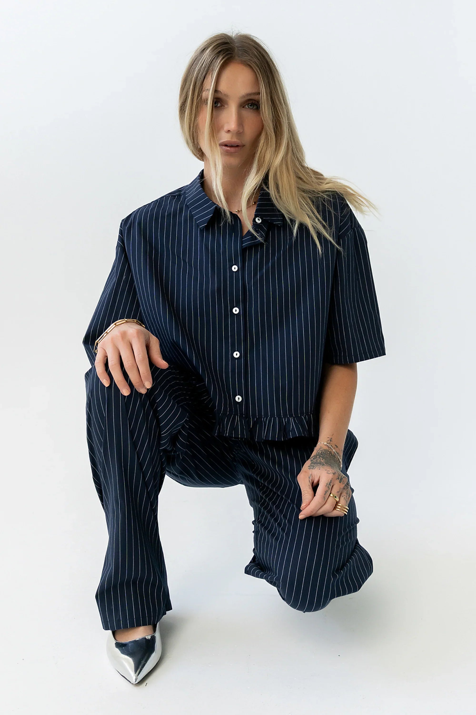 Melody Pinstripe Blouse in Navy